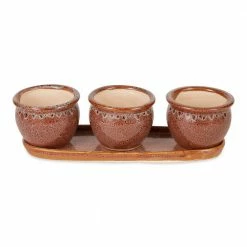 Zingz & Thingz Brown Round Ceramic Small Planter (Set of 3)