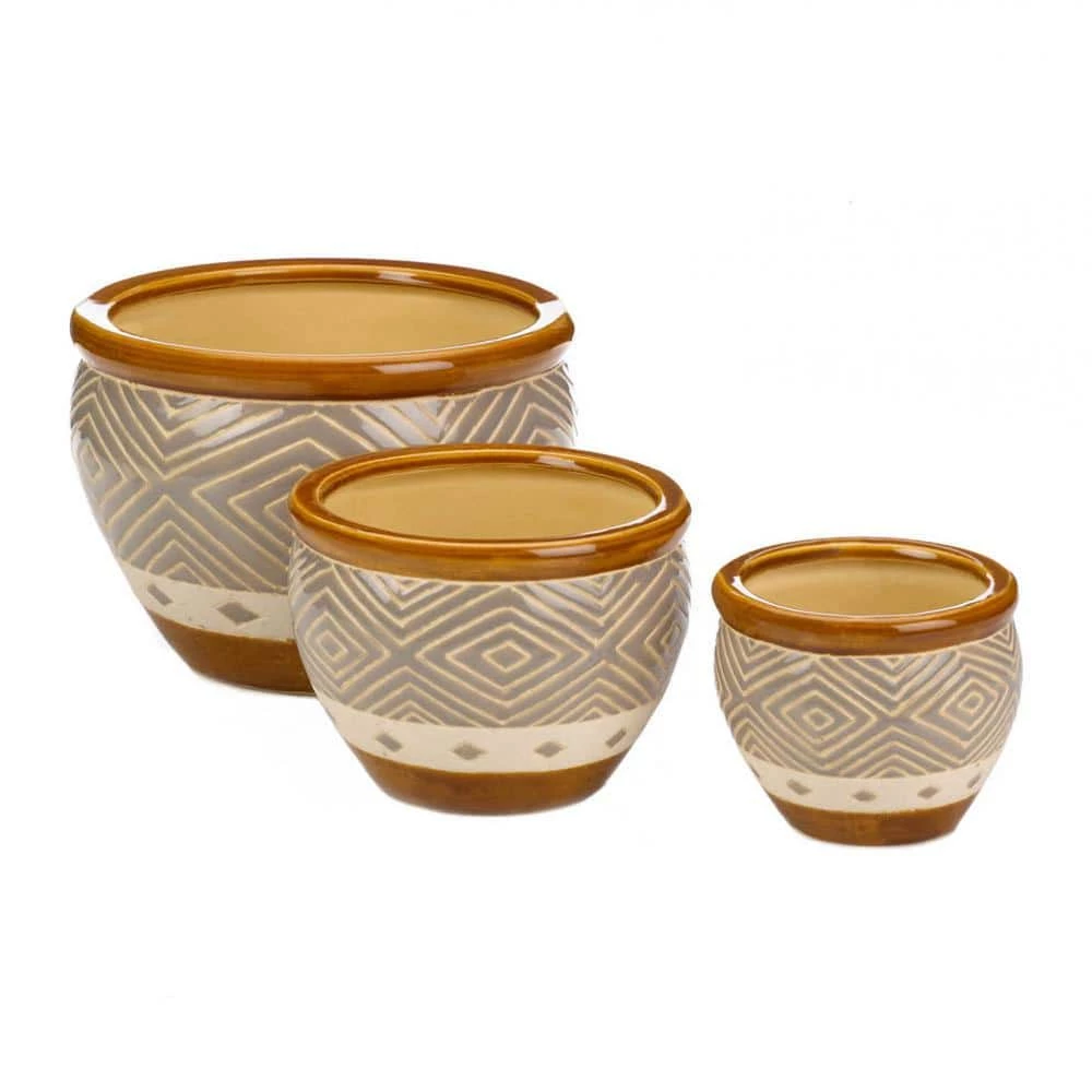 Zingz & Thingz 6.25 in., 8.75 in. and 12 in. Ceramic Earth-Tone Trim Planter (Set of 3)