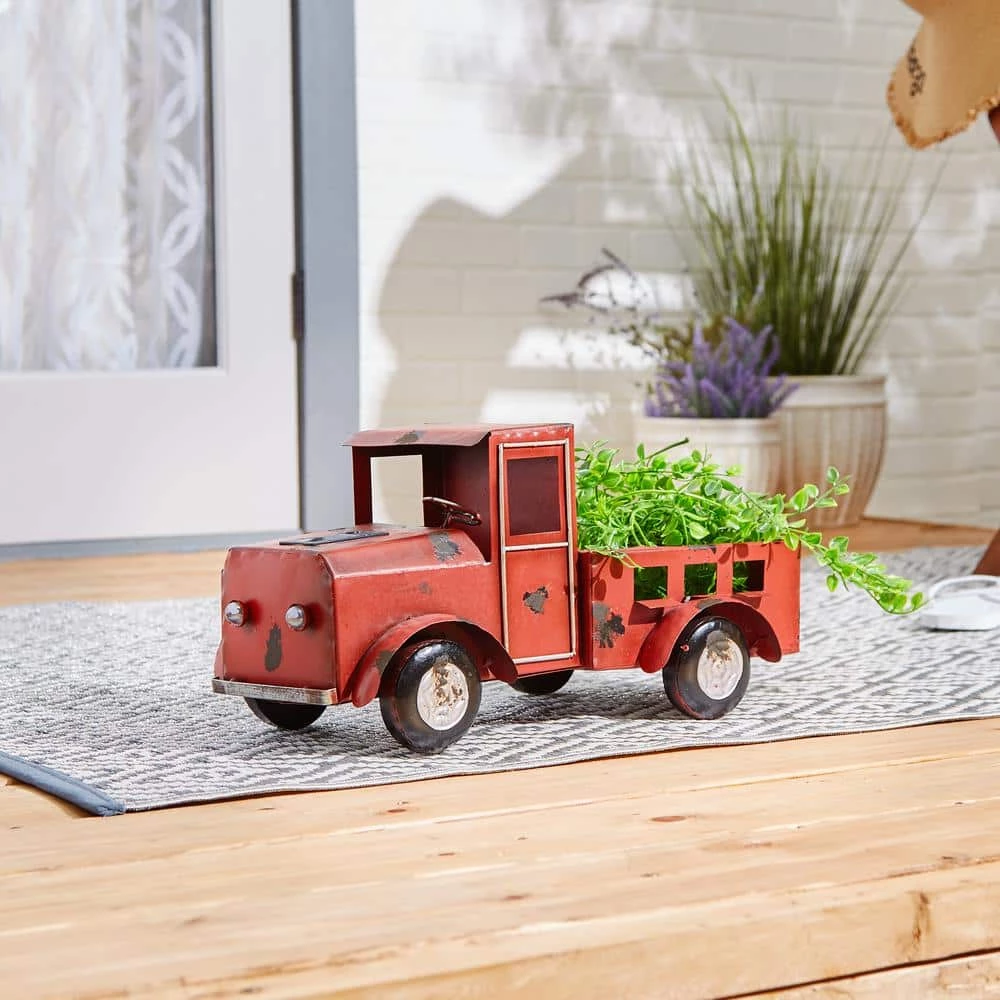 Zingz & Thingz 16 in. x 9.5 in. x 8.5 in. Iron Red Truck Solar Light Planter - Image 6